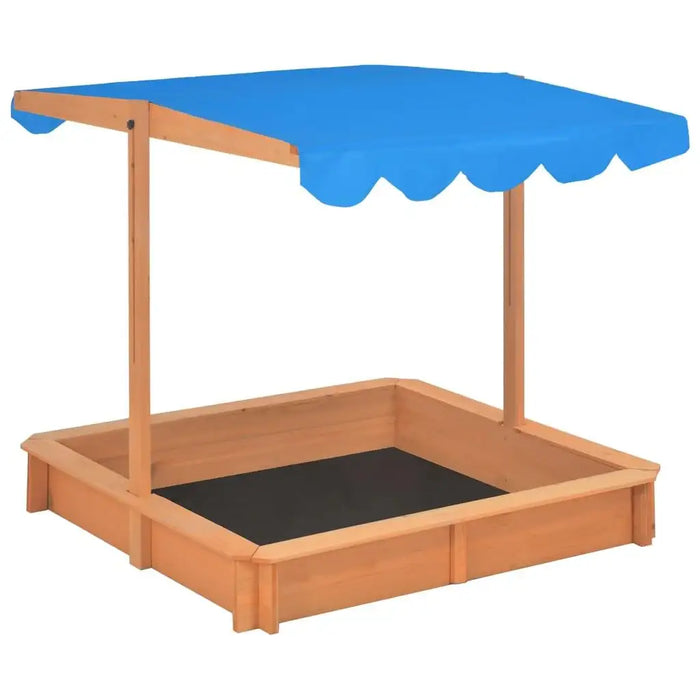 Wooden sandbox with blue adjustable roof and firwood frame for outdoor play