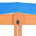 Wooden sandbox with adjustable blue UV roof and firwood construction close-up
