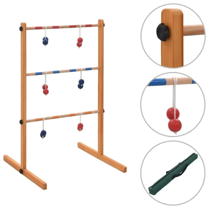 Wooden spin ladder game with six bolas, pine frame, close-ups of parts, and carrying case