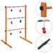 Wooden spin ladder game with six bolas, pine frame, close-ups of parts, and carrying case