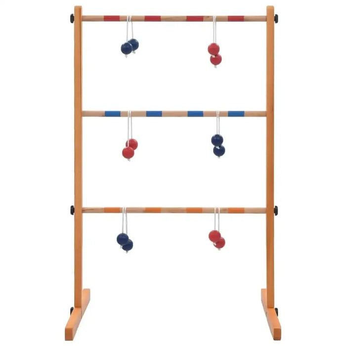 Wooden spin ladder game with solid pine frame and 6 pairs of red and blue ball bolas