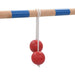 Wooden spin ladder game with blue-striped dowel and two red balls on a white rope