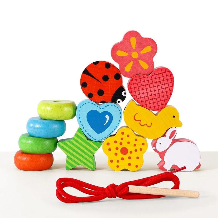 Wooden threading blocks playset with animal and shape beads, colorful lacing toy for kids.