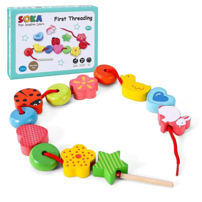 Wooden animal and shape threading blocks playset with lacing string and box