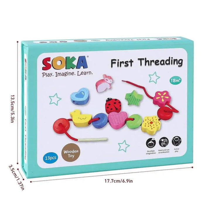 SOKA First Threading wooden lacing toy playset box with colorful animal and shape beads.