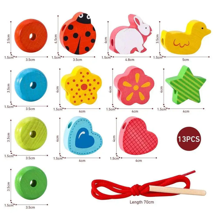 Wooden threading blocks playset with animal and shape beads, colorful lacing toy, 13 pieces